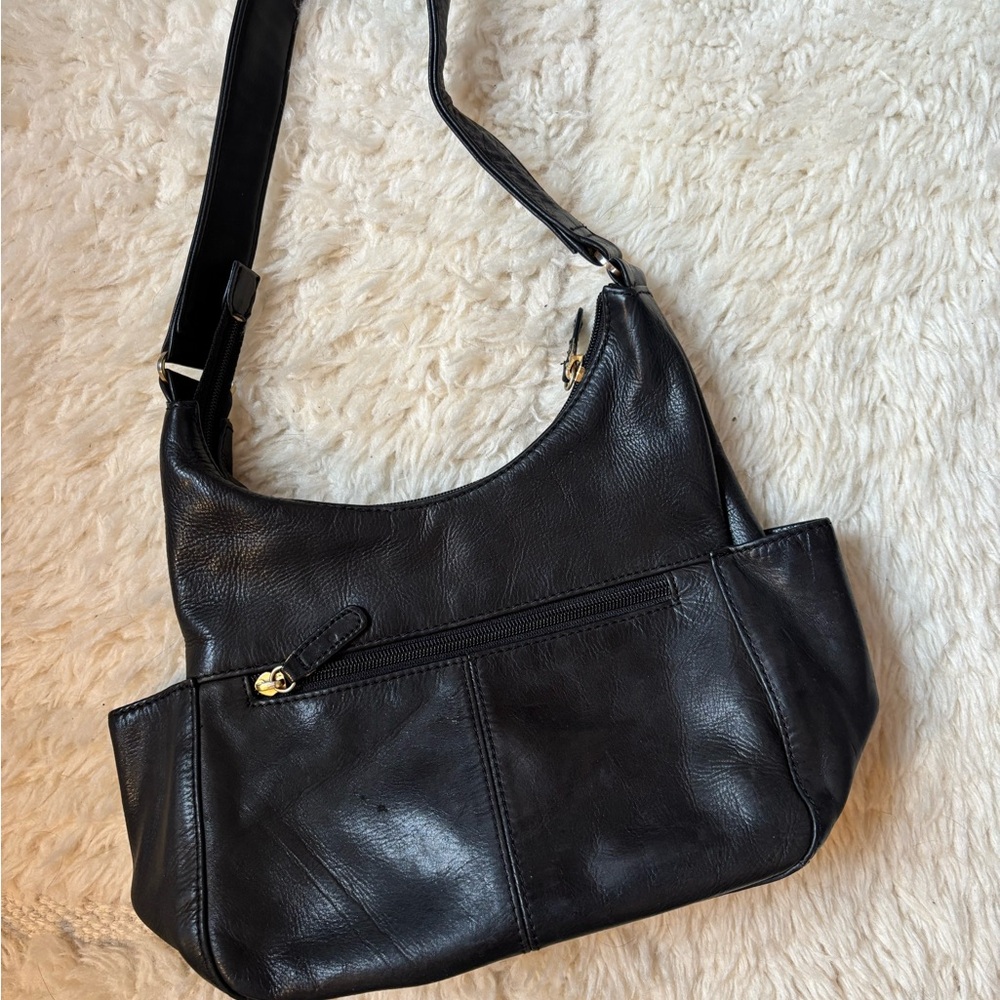 St. John's Bay Black Leather Shoulder Bag with Front Zip Pocket